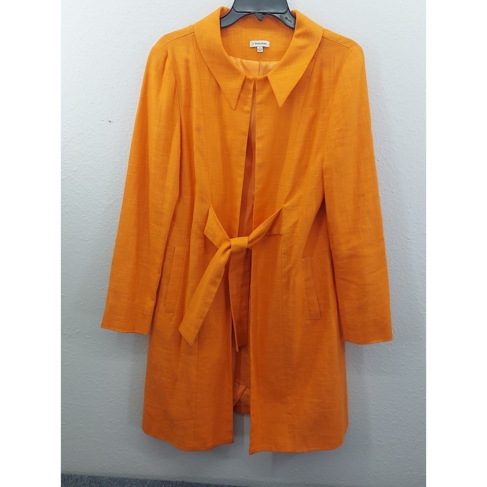 J Peterman Trench Coat Jacket Womens 4 Orange Linen Blend Long Tie Front Lined